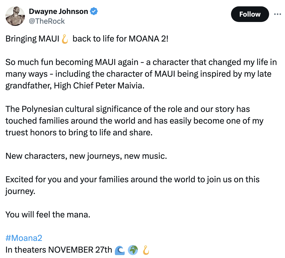 Tweet from Dwayne Johnson about his return as Maui in Moana 2, highlighting cultural significance, new characters, and release date of November 27, 2023, #Moana2