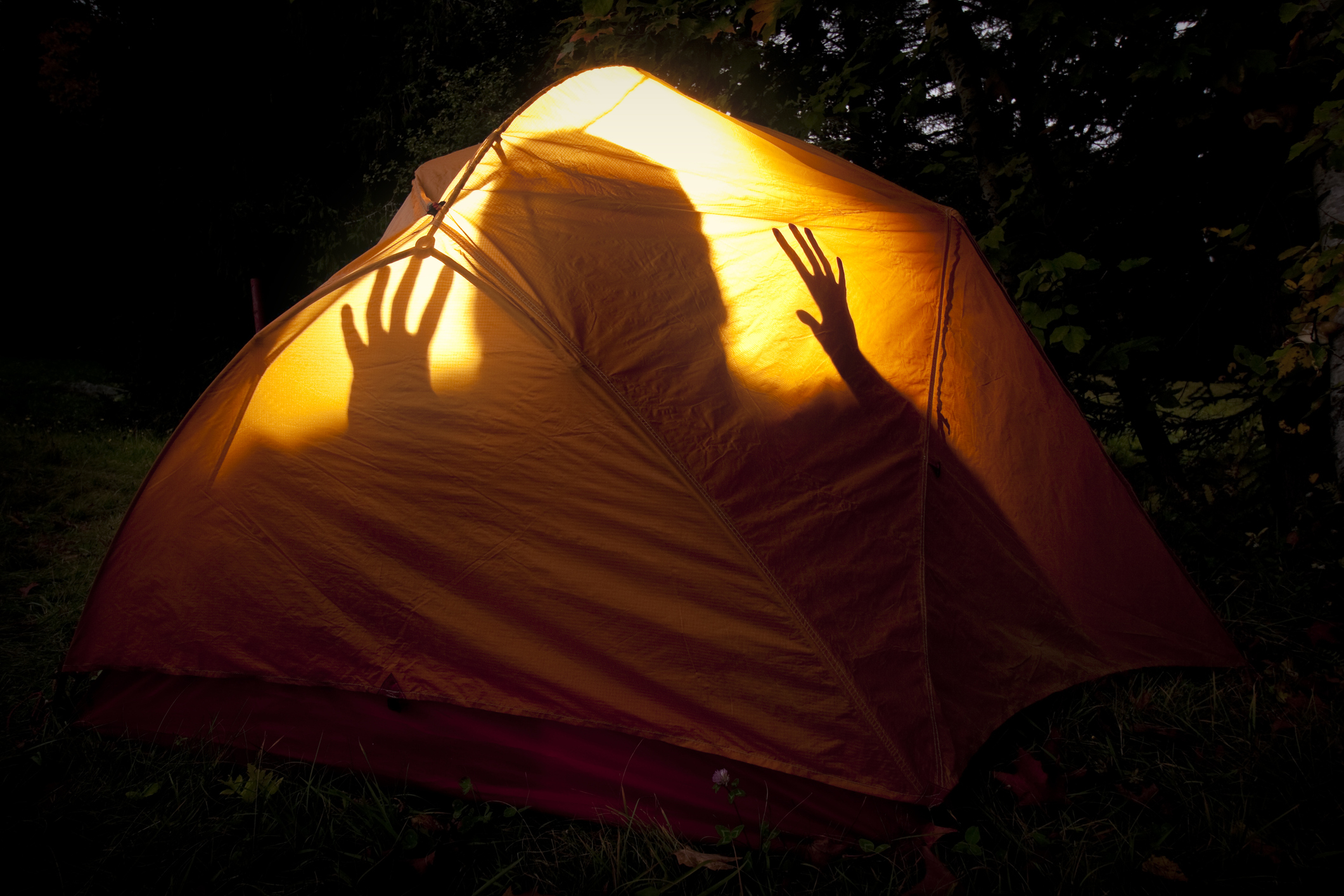 A shadowy figure with outstretched hands is visible on the illuminated wall of an outdoor tent at night