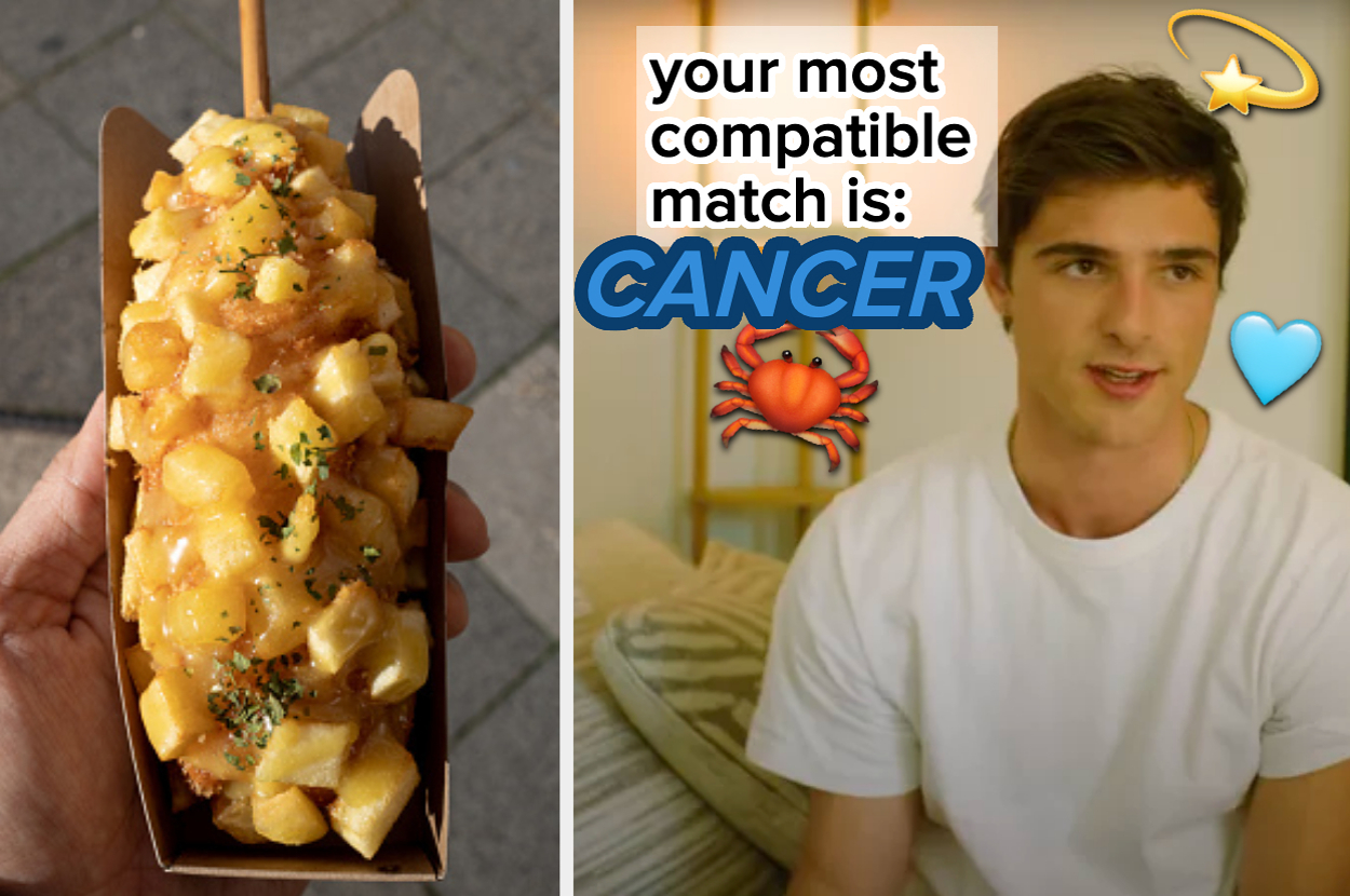 Left: A person holding a cubed potato skewer with sauce and herbs. Right: A split screen with a horoscope reading "your most compatible match is: Cancer" and a man in a white shirt talking