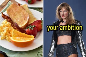 On the left, a plate with toast, bacon, scrambled eggs, orange slices, and strawberries, and on the right, Taylor Swift on stage labeled your ambition