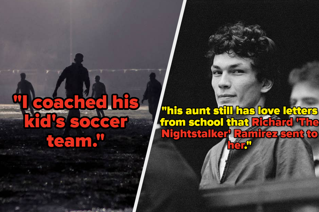 A split image with text. Left: "I coached his kid's soccer team." Right: "his aunt still has love letters from school that Richard 'The Nightstalker' Ramirez sent to her."