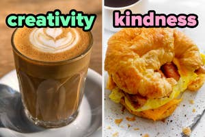 On the left, a latte labeled creativity, and on the right, a croissant breakfast sandwich labeled kindness