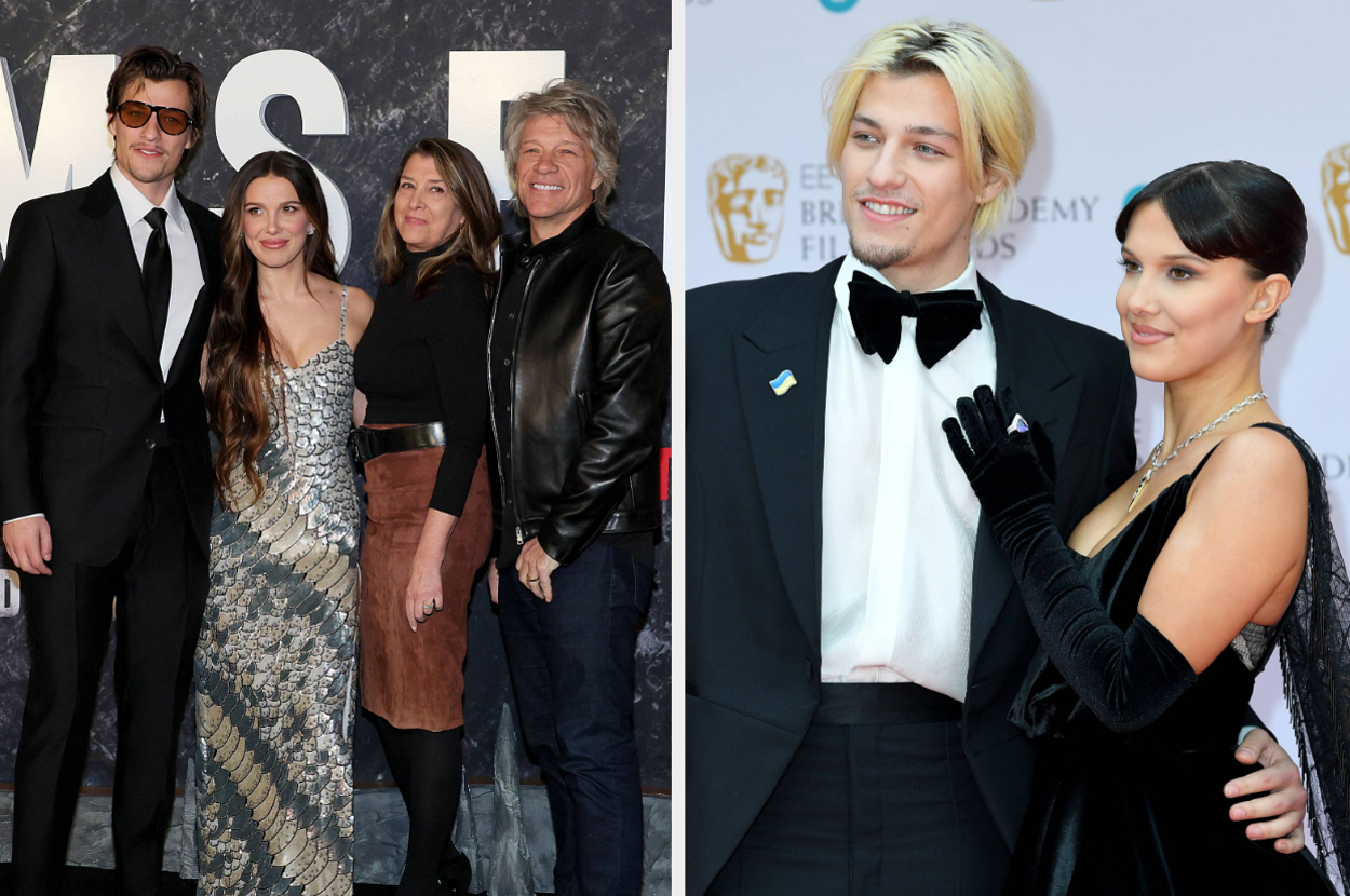 Two photos side by side. Left: Jake Bongiovi, Millie Bobby Brown, Dorothea Hurley, Jon Bon Jovi; Right: Jake Bongiovi, Millie Bobby Brown in elegant attire at an event