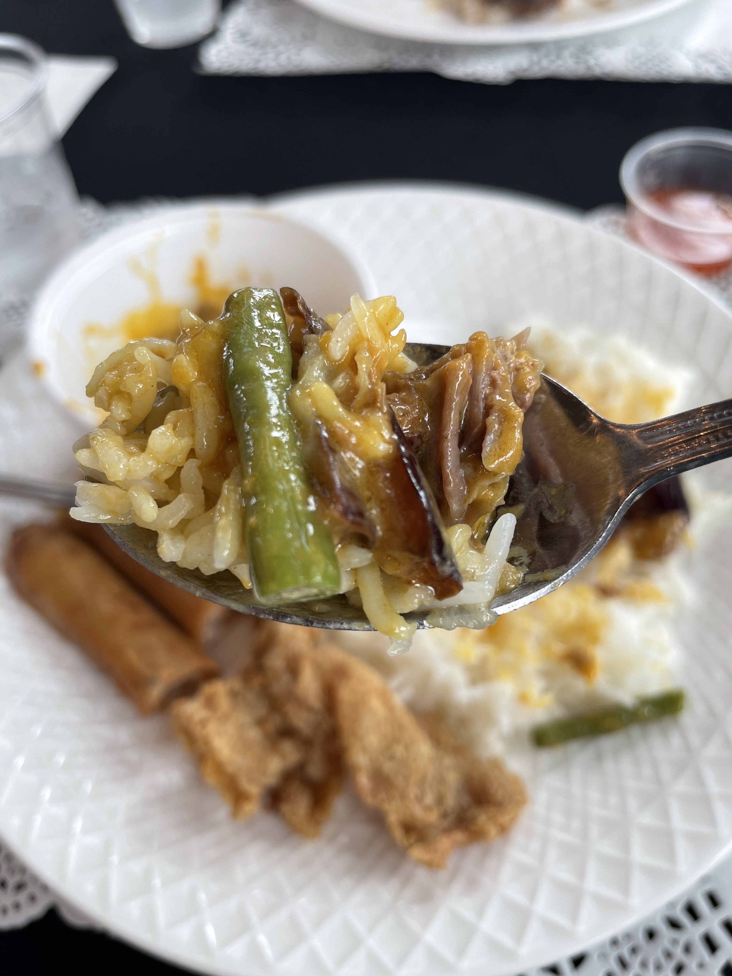 A close-up of a spoonful of rice, green beans, and meat with a plate of rice, fried chicken, and a spring roll in the background