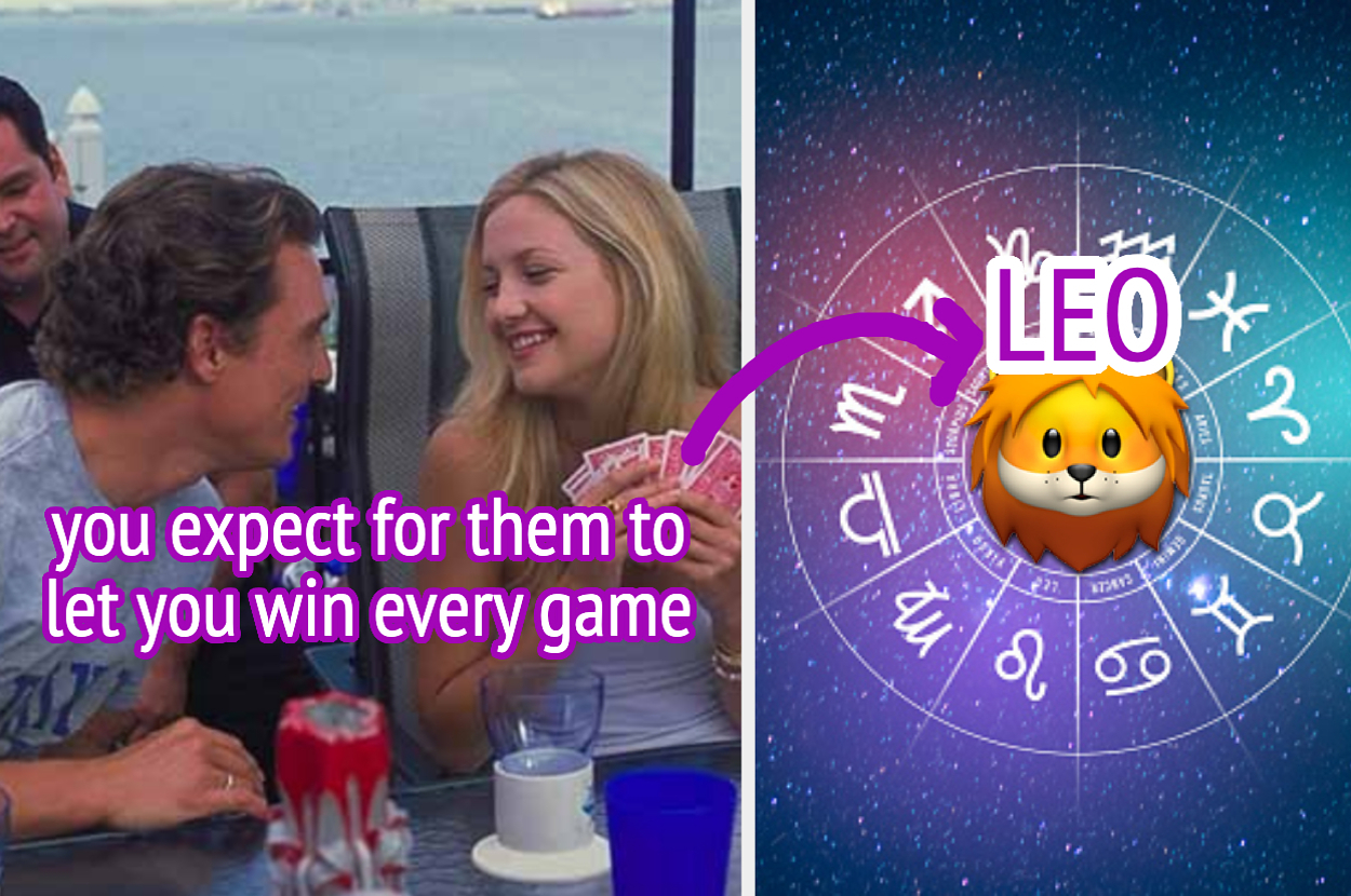 A person holding cards at a table smiles at another person. Nearby, text reads, "you expect for them to let you win every game," followed by a circular horoscope symbol with a "LEO" label and an illustrated lion's face