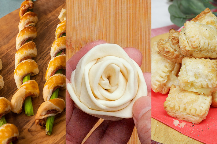3種類のペストリー: アスパラガスを巻いたパイ、バラの形に成形されたパイ生地、積み重ねられたパイキューブ。