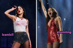 Olivia Rodrigo is performing on stage. Left: She wears a white crop top and sparkly black shorts, singing passionately. Right: She wears a red dress, singing energetically. Text: 'iconic!!', 'stunning'