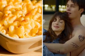 Left side: Close-up of baked macaroni and cheese in a dish. Right side: Anne Hathaway and Nicholas Galitzine sitting together, with Anne leaning on Nicholas's chest