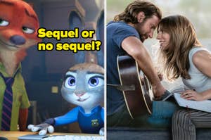 Nick Wilde and Judy Hopps from Zootopia on the left. Bradley Cooper and Lady Gaga from A Star Is Born on the right. Text asking, "Sequel or no sequel?"
