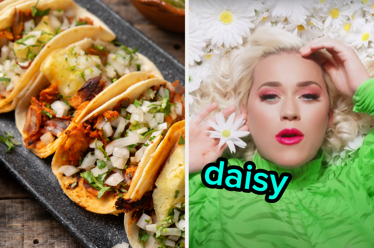 On the left, some tacos, and on the right, Katy Perry lying in a field of daisies