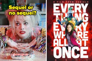 Left: A woman with colorful, eclectic clothing looks wide-eyed, resting her head on a table. Text: "Sequel or no sequel?" Right: Poster for "Everything Everywhere All At Once"