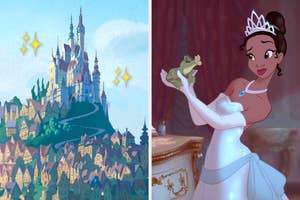 On the left, an animated castle from Beauty and the Beast. On the right, Princess Tiana from The Princess and the Frog, in a white gown and tiara, holding a frog