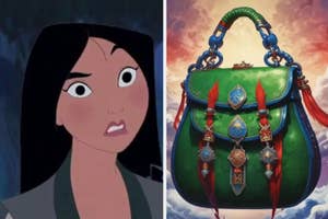 Left: Animated character Mulan with a surprised expression. Right: A fantasy-themed green handbag with ornate blue and red accents