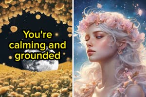 Left: "You're calming and grounded" text over a moon and flowers background. Right: Artistic depiction of a serene woman with long hair, wearing a floral crown