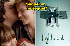"Adam Driver and Scarlett Johansson smiling together with a child. Next to them, a taped-up light switch with 'lights out' written beneath it. Text reads: Sequel or no sequel?"