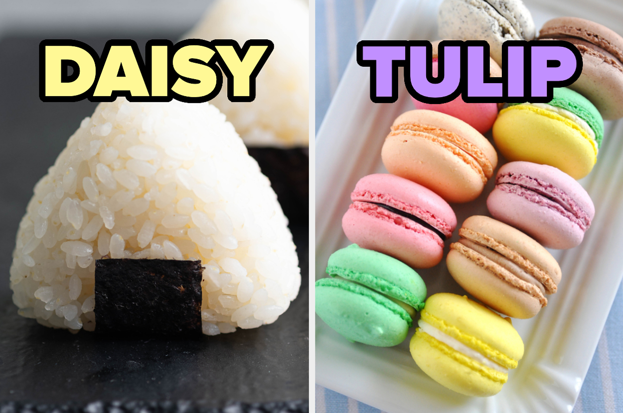 On the left, onigiri labeled daisy, and on the right, some macarons labeled tulip