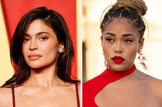 Kylie Jenner in a sleek dress and Jordyn Woods in a stylish gown at a red carpet event