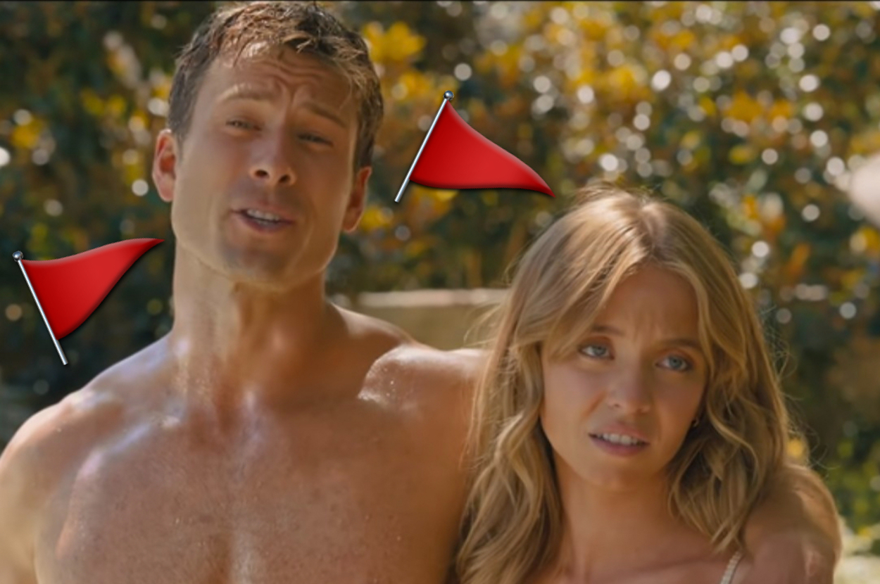 Glen Powell and Sydney Sweeney outdoors, close beside each other, both looking serious, with red flags digitally added near their heads