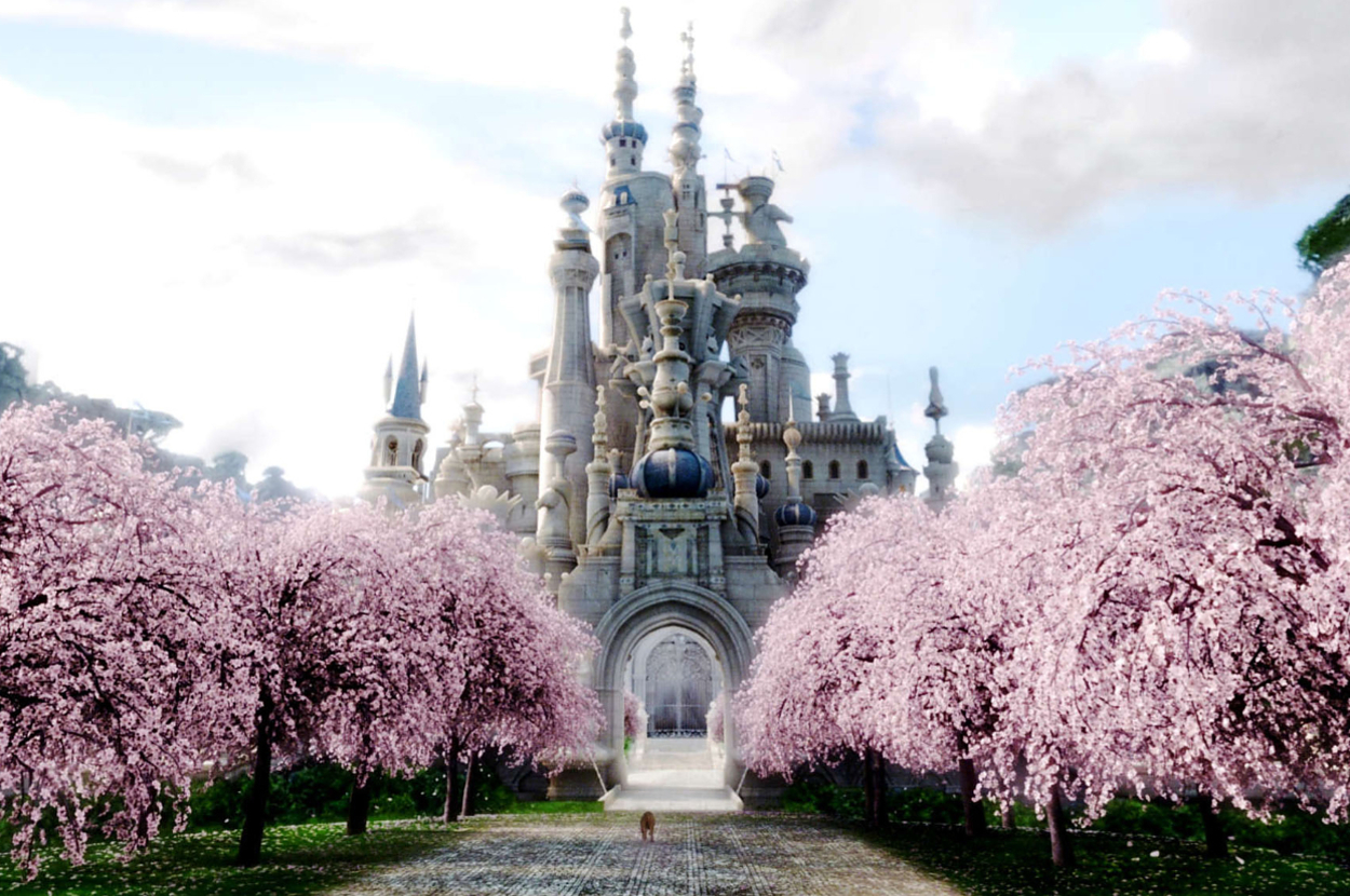 A grand castle with many towers sits at the end of a path lined with blooming cherry blossom trees. A lone figure walks towards the castle