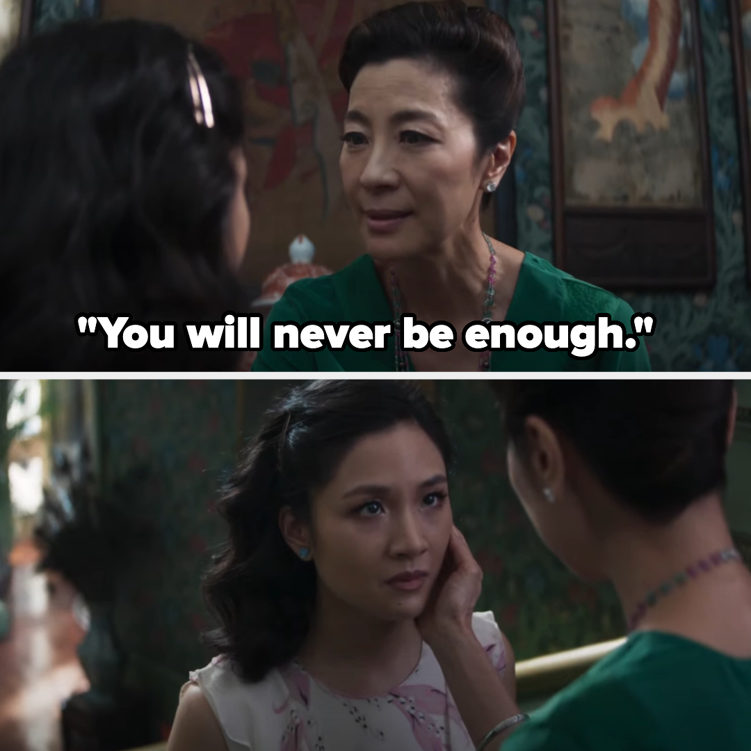 Michelle Yeoh gently holds Constance Wu's face, sternly saying, &quot;You will never be enough.&quot; The scene is emotionally charged