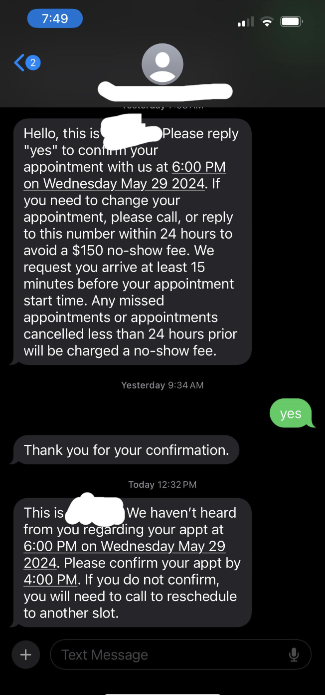 Text conversation about confirming a doctor&#x27;s appointment for Wednesday, May 29, 2024, at 6:00 PM. No names are mentioned