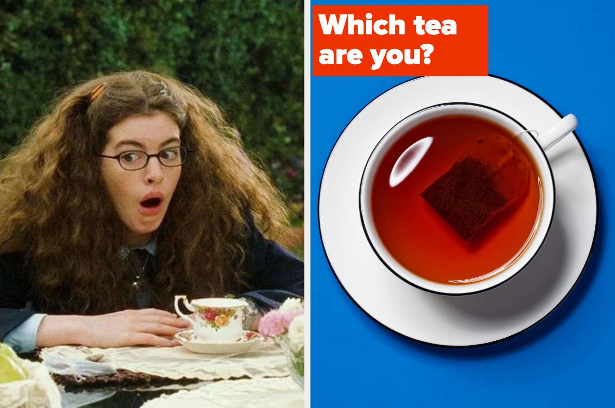Anne Hathaway's character from The Princess Diaries reacts with surprise next to a cup of tea and text "Which tea are you?"