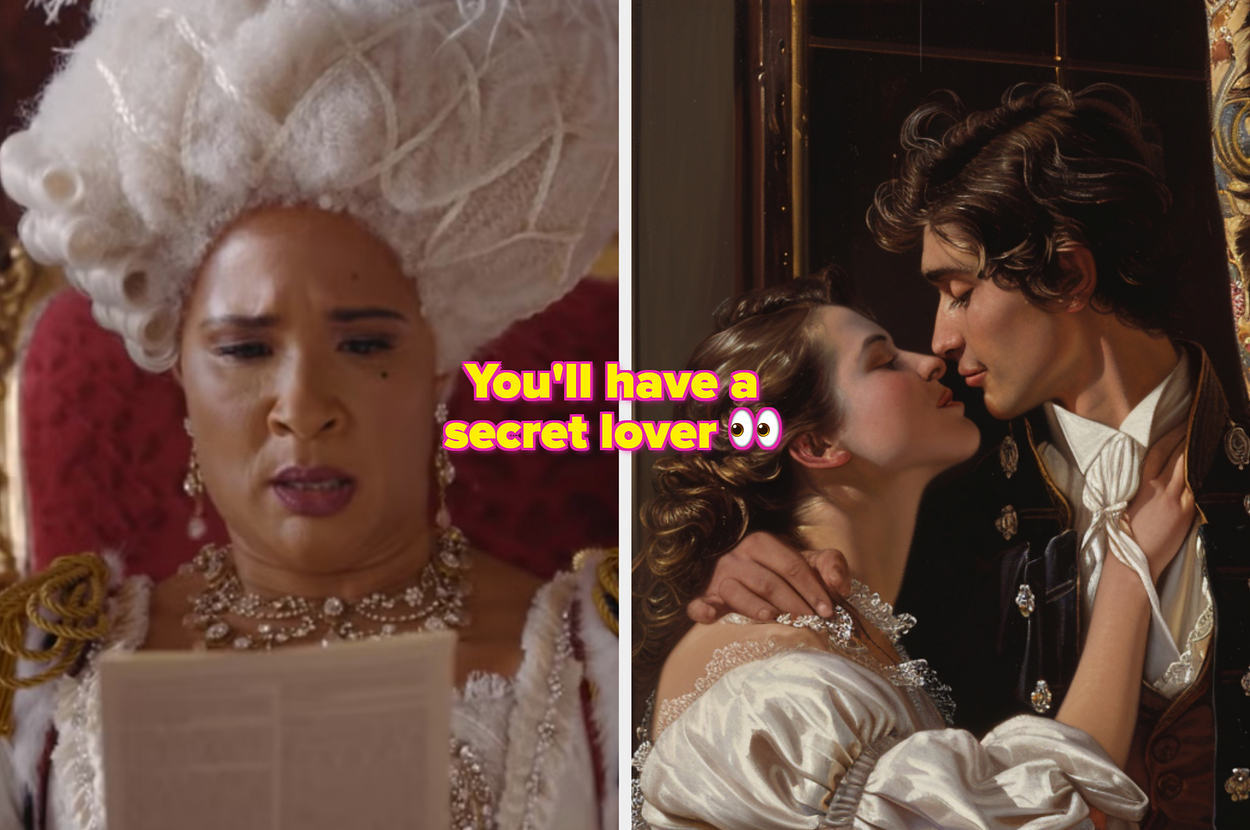 A person in a historical costume reads a letter (left). A couple in historical attire shares an intimate moment (right). Text reads: "You'll have a secret lover ?"