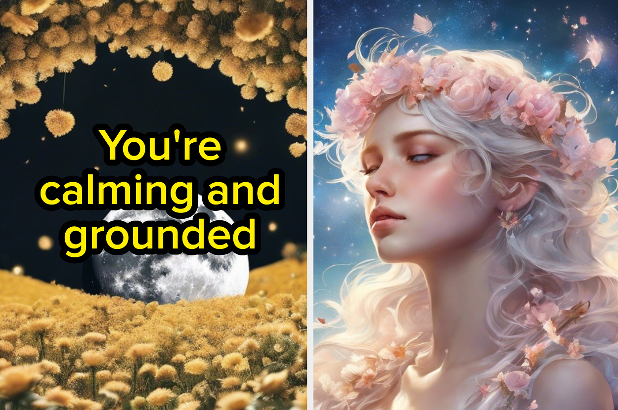 左图：月亮和花朵背景上的“你在冷静和脚踏实地”文本。右图：对一位留着长发、戴着花冠的宁静女性的艺术描绘