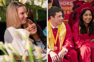 Heather Morris and Naya Rivera cuddle. Second image: Jaren Lewison and Maitreyi Ramakrishnan in red graduation gowns at a ceremony, smiling