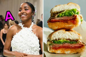 On the left, Ayo Edebiri with A typed by her face, and on the right, a sub sandwich cut in half