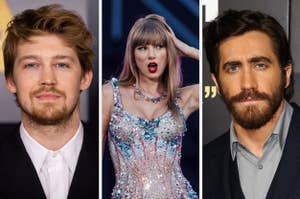 Joe Alwyn, Taylor Swift, and Jake Gyllenhaal are pictured. Taylor Swift is performing in a sparkling outfit, while Joe Alwyn and Jake Gyllenhaal are posing on the red carpet