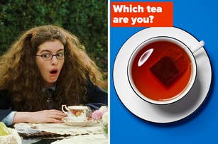 Anne Hathaway's character from The Princess Diaries reacts with surprise next to a cup of tea and text "Which tea are you?"
