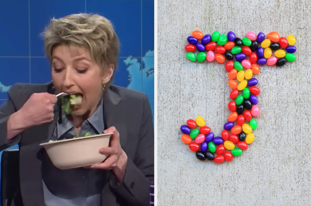 On the left, Heidi Gardner eating a salad on SNL's Weekend Update, and on the right, jelly beans arranged in the shape of the letter J