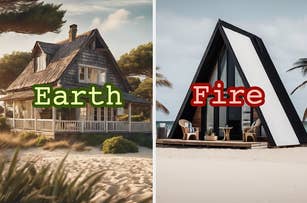 On the left, a rustic house with a porch labeled "Earth." On the right, a modern A-frame house labeled "Fire." Both houses are set in sandy landscapes with trees