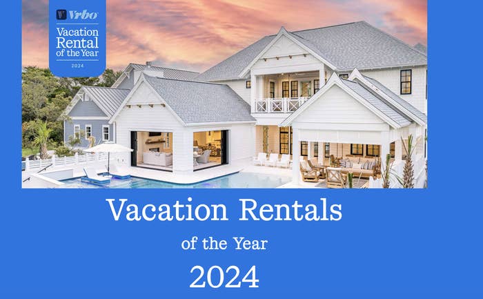 Image of a stylish house with a pool used for Vrbo's "Vacation Rentals of the Year 2024" feature. The house has modern architecture and a luxurious pool area