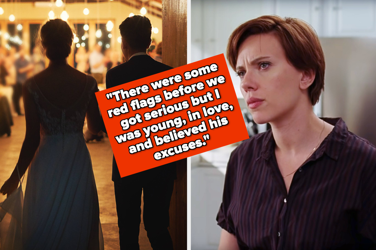 Silhouette of a couple walking into their wedding reception and Scarlett Johansson looking concerned, text: "There were some red flags before we got serious but I was young, in love, and believed his excuses."