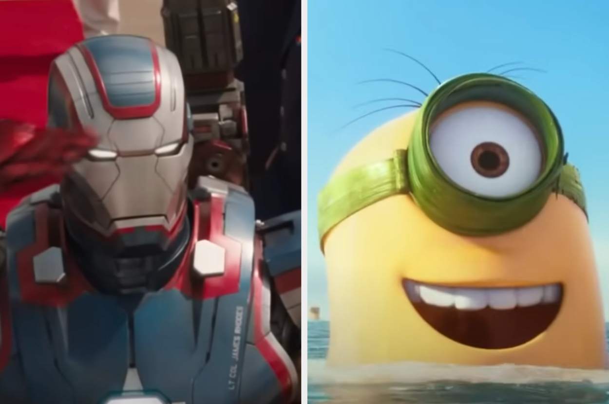 Iron Man suit and Minion character Kevin from "Despicable Me" side by side; Iron Man on the left, Kevin with a green goggle on the right, smiling in water