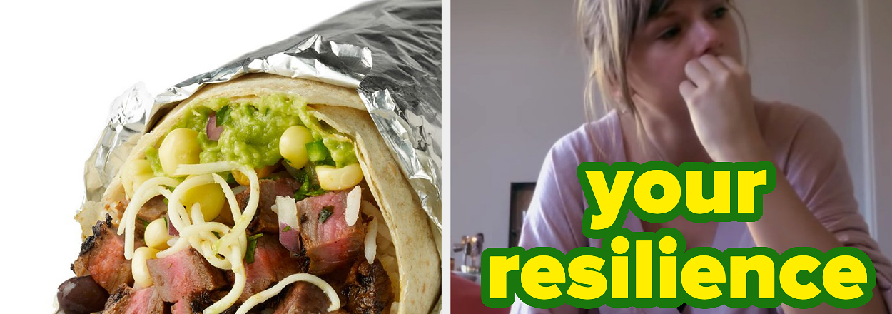 A burrito wrapped in foil is on the left. On the right, a person sits and looks contemplative, holding a phone. Text reads "your resilience."