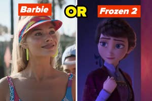 Margot Robbie in a colorful visor with large earrings on the left. Elsa from Frozen 2 looking to the side on the right. Text at top: "Barbie OR Frozen 2"