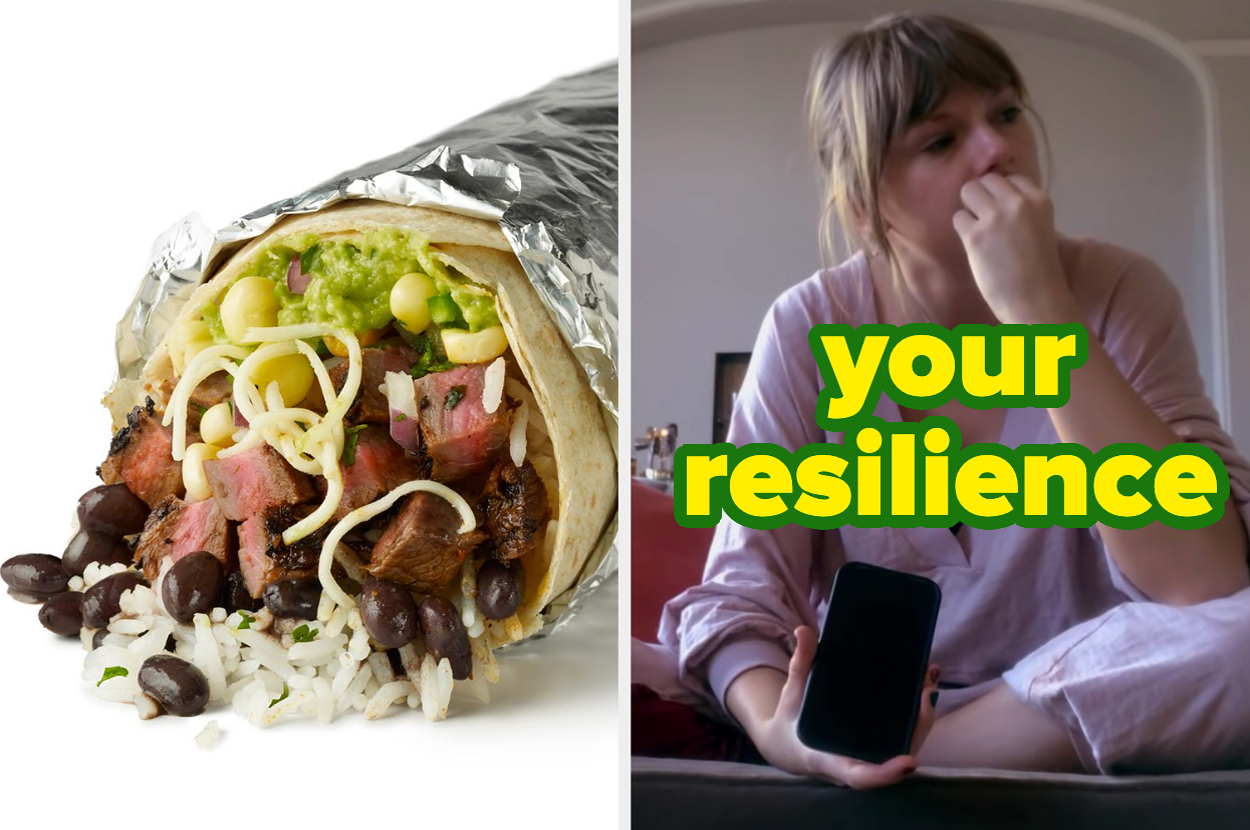 A burrito wrapped in foil is on the left. On the right, a person sits and looks contemplative, holding a phone. Text reads "your resilience."
