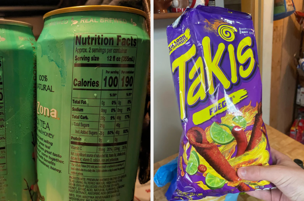 Two photos: One shows the nutrition facts on Arizona Green Tea cans, the other shows a hand holding a bag of Takis Fuego chips