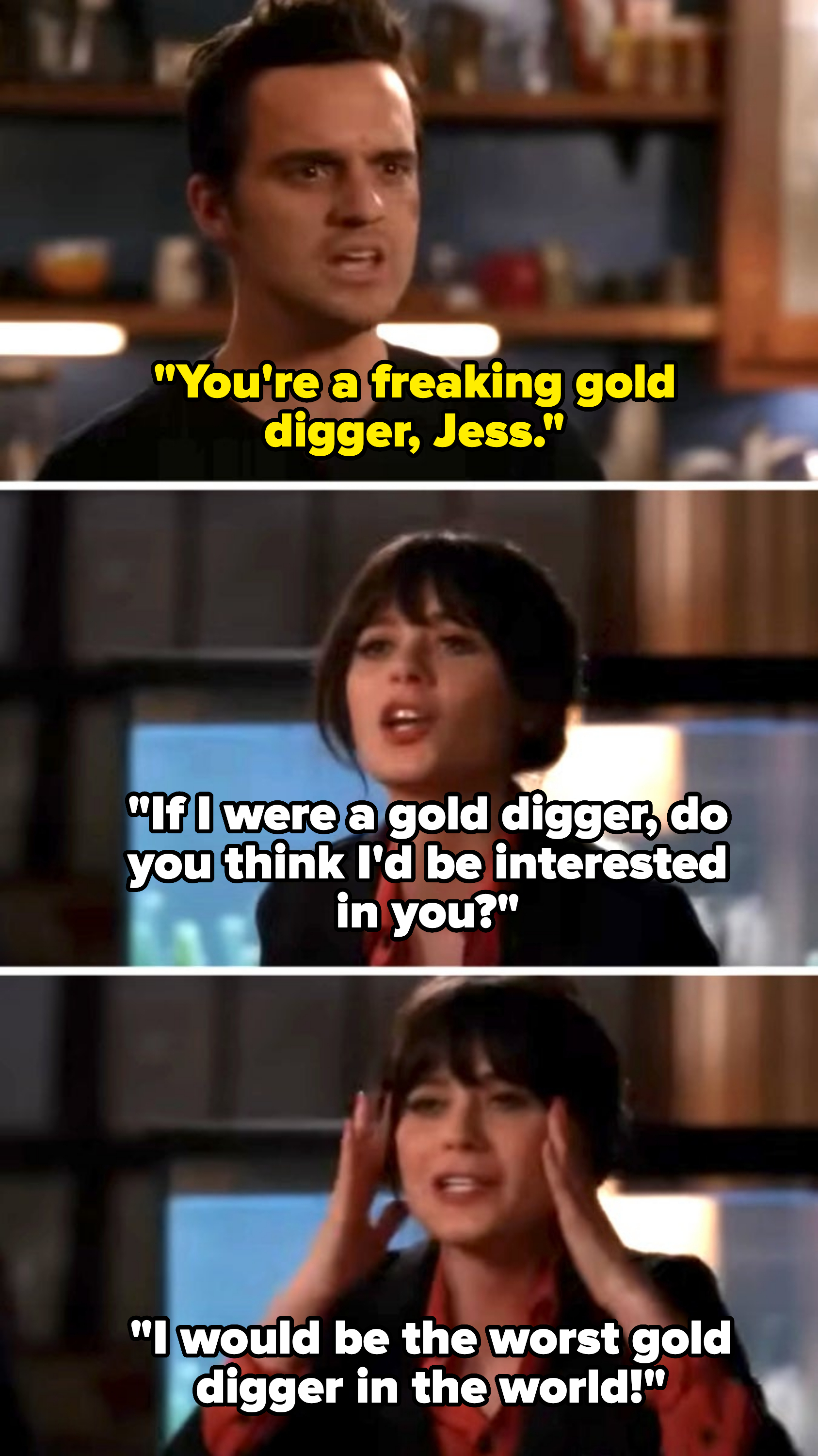 Split image of three scenes from TV show New Girl: Jake Johnson looking frustrated, Zooey Deschanel talking passionately, Zooey Deschanel with hands on her head