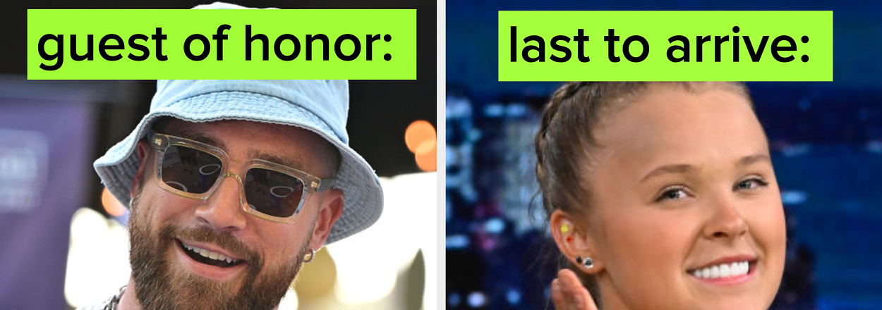 Travis Kelce wearing a bucket hat and sunglasses, and JoJo Siwa in a sequined outfit with braided hair next to text reading "guest of honor" and "last to arrive."