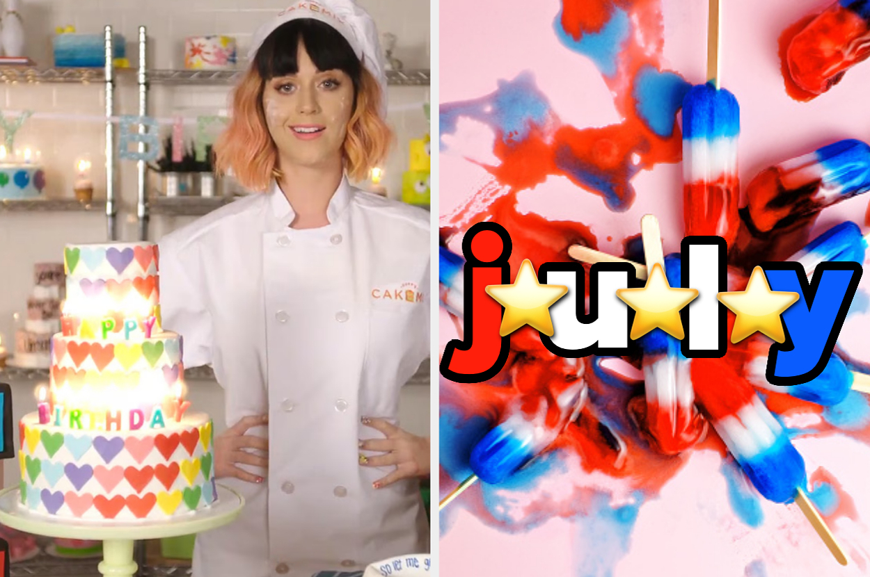 Baker dressed in a white uniform and hat stands behind a colorful heart-patterned cake. Adjacent is a "July" text design with stars and ice pops