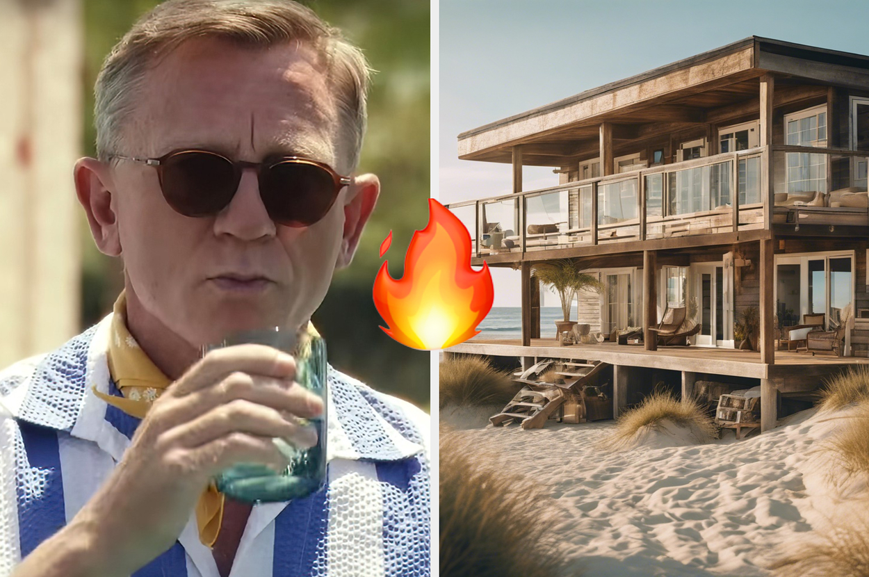 Daniel Craig wearing sunglasses and a neckerchief drinks from a glass. Next to him is an image of a wooden beach house with a fire emoji in between