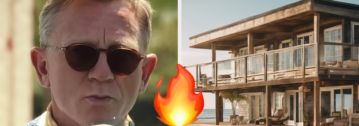 Daniel Craig wearing sunglasses and a neckerchief drinks from a glass. Next to him is an image of a wooden beach house with a fire emoji in between