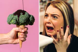 Left: A hand holds a broccoli cone with chocolate sauce. Right: A shocked Lindsay Lohan reacts emotionally