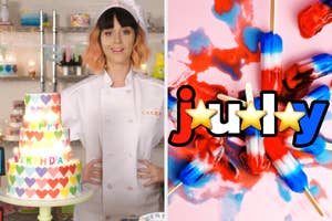 Baker dressed in a white uniform and hat stands behind a colorful heart-patterned cake. Adjacent is a "July" text design with stars and ice pops