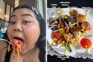 A person is eating spaghetti with oyster sauce. Next to them is a plate labeled with various foods: white rice, cebuchon sauce, cebuchon, pork BBQ short rib, Mongolian beef, picadillo, igado, lumpia, garlic rice, sweet and sour sauce for lumpia, and crisp