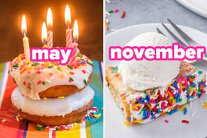 Three doughnuts stacked with candles and sprinkles represent May, and a slice of cake with ice cream and sprinkles represents November